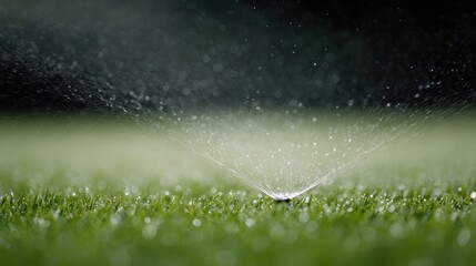 Obraz premium home garden irrigation, automatic watering system on fresh green grass, close-up with selective focus
