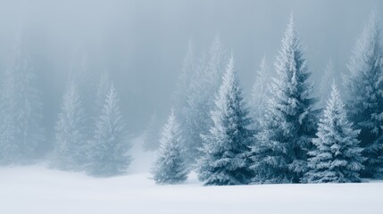 frosty spruce forest in winter, snow and ice on evergreen trees, tranquil winter nature background