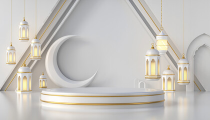 Ramadan Kareem festive display with crescent moon and lanterns on a stage