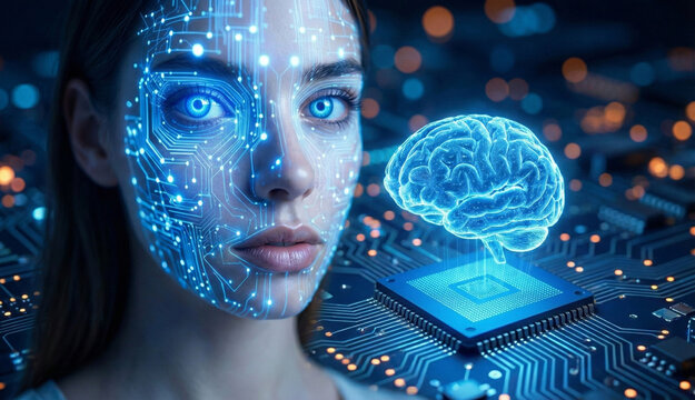 Futuristic portrait of a cyborg woman with glowing circuit skin next to a digital brain hologram floating on a processor chip. Concept of neural networks, artificial intelligence, and machine learning
