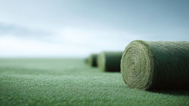 land being covered with rolled turf, landscaping project, fresh grass laid in rows, realistic outdoor view