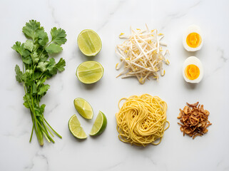 Delicious ingredients for Asian cuisine noodles, eggs, sprouts, and fresh herbs, perfect for cooking