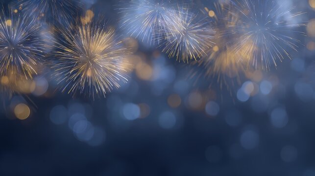 gold and blue fireworks with bokeh, New Year is Eve celebration, abstract holiday background, copy space