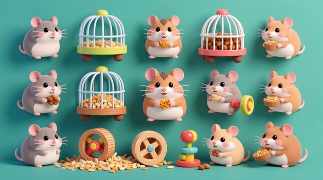 Cute hamsters with food and toys, expressed joy or Used in children's scenes