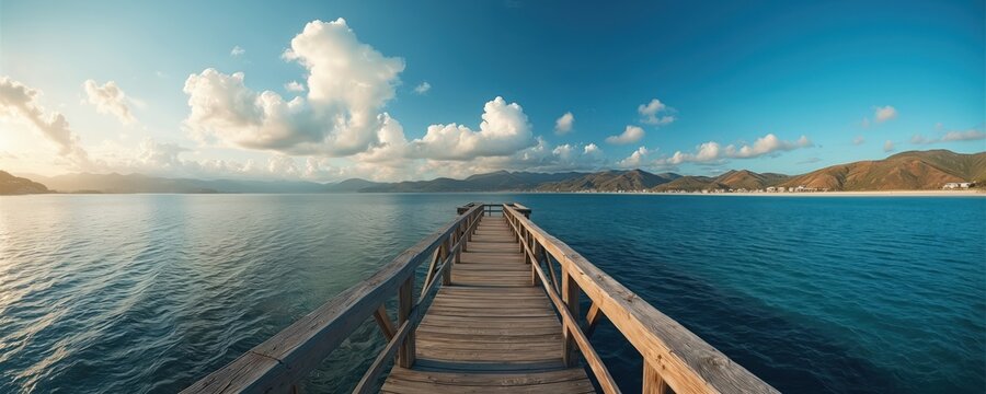 Panoramic photo of wooden pier stretching over tranquil blue water. Picturesque coastal view shows mountains sky clouds at daytime. Serene vacation travel location at sunny summer resort.