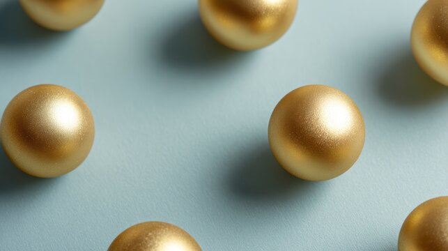 gold Christmas ornaments arranged on colorful background, flat lay style, copy space for greeting or message