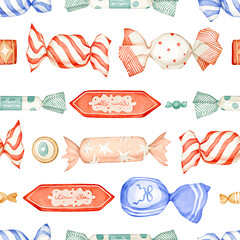 Watercolor seamless pattern with brightly colorful candies various sizes in different wrappers, striped, dotted. Chocolates, lollipops, sweets isolated on white. For Halloween, New Year, Christmas.