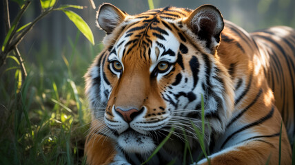 Obraz premium Alert tiger resting in lush green grass under soft natural light