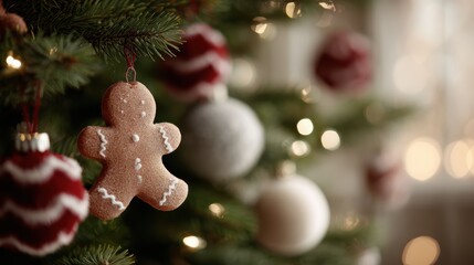 decorated Christmas tree with lights, baubles, and gingerbread man, warm festive mood, holiday celebration scene