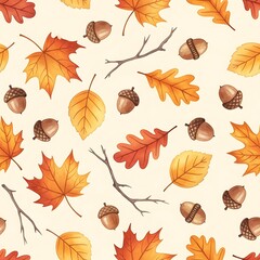 Obraz premium Autumn seamless pattern with colorful watercolor leaves acorns and twigs on a light background for scrapbook crafts fabric and wallpapers