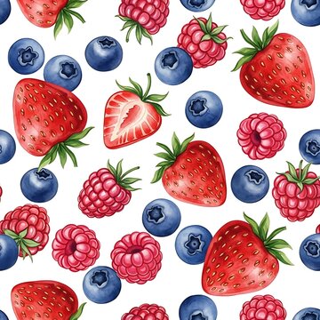Watercolor Seamless Pattern with Strawberries Blueberries and Raspberries for Textile and Background Design