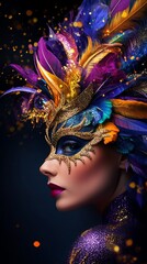 Woman wearing elaborate carnival mask poses against dark backdrop with glittering accents and colorful plumage.