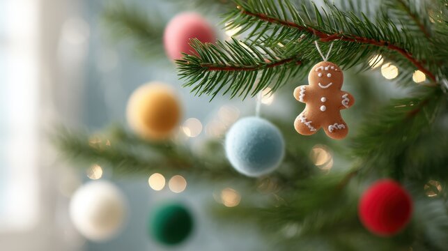 festive Christmas tree with colorful decorations, string lights, and gingerbread man ornaments, cheerful holiday vibe