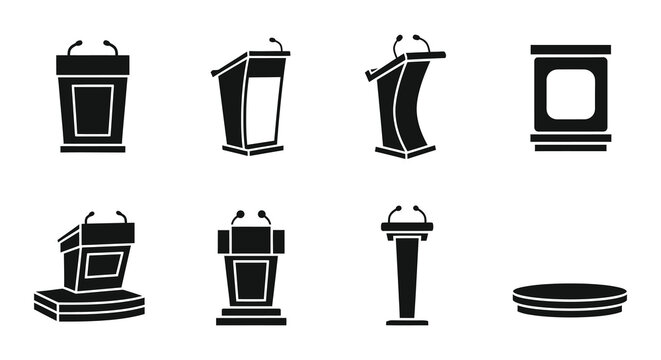Collection of black silhouette icons depicting various podiums and lecterns