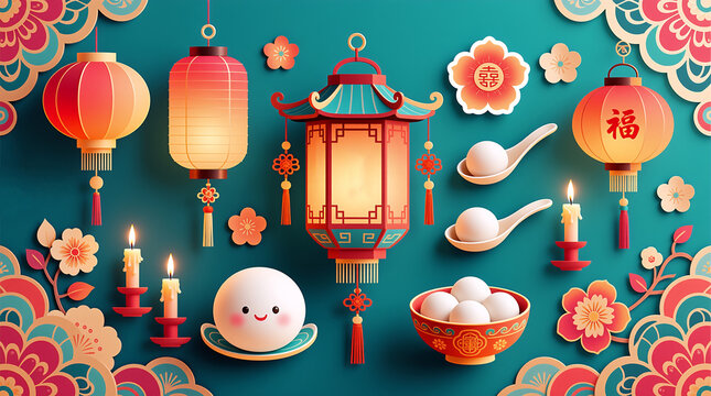Traditional Chinese lanterns and dumplings, festive scene for Lantern Festival celebration.