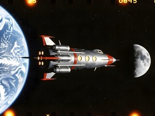 Retro arcade style space shooter game scene with earth and moon background featuring a silver and red spaceship navigating through space