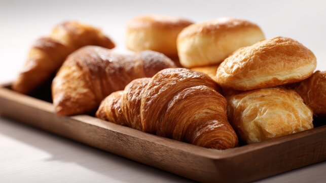 assorted croissants and rolls, golden baked, fresh and warm, delicious bakery presentation