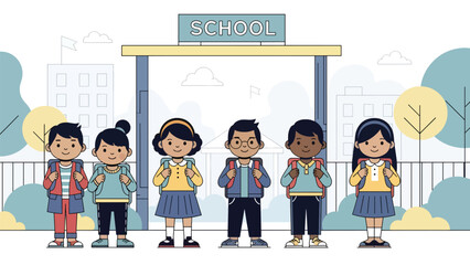 Students lining up outdoors for morning assembly at school. Ideal for education systems, student routines, discipline, and daily school activity visuals.