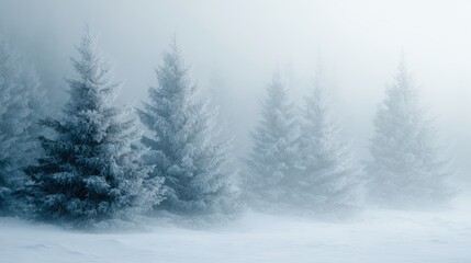 coniferous trees coated in snow and frost, winter forest scenery, cold atmospheric landscape