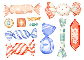Watercolor set with brightly colorful candies various sizes in different wrappers, striped, dotted. Vintage chocolates, lollipops, sweets isolated on white. Clip art for Halloween, New Year, Christmas