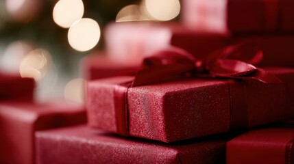 stacked red presents by Christmas tree, detailed close-up, warm holiday setting, festive celebration concept