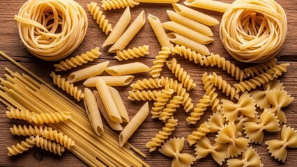 Assortment of dry italian pasta shapes including spaghetti penne fusilli farfalle and nests on a rustic wooden surface