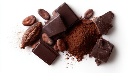 chocolate ingredients flat lay, cocoa pods, cocoa beans, chocolate mass, cocoa powder, chocolate bars, isolated on white background