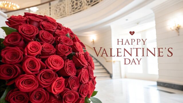 Red Roses Bouquet with Valentine's Day Greeting in Elegant Interior Setting