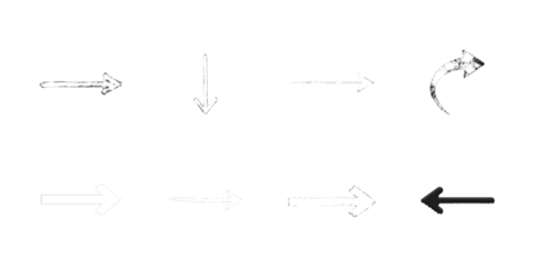 Assortment of eight arrow symbols on a white background isolated on a transparent background