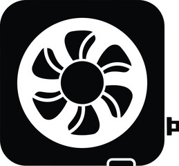 A simple black and white graphic illustration of a computer cooling fan silhouette