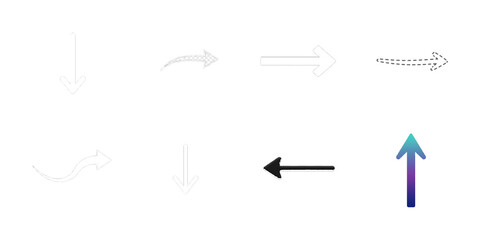 Collection of eight diverse arrow icons on white background isolated on a transparent background