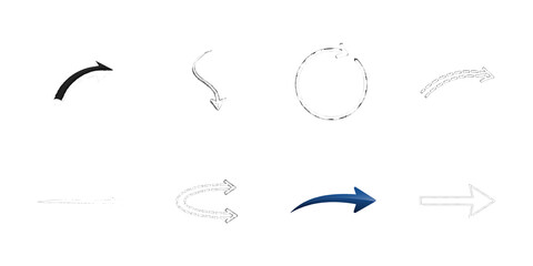 Collection of eight arrow and circular arrow icons on white isolated on a transparent background