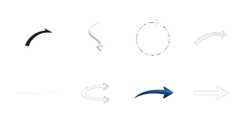 Collection of eight arrow and circular arrow icons on white isolated on a transparent background