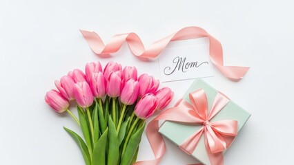 Beautiful pink tulips and gift box tied with ribbon for a special occasion celebration