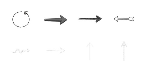 Collection of eight diverse arrow icons on white background isolated on a transparent background
