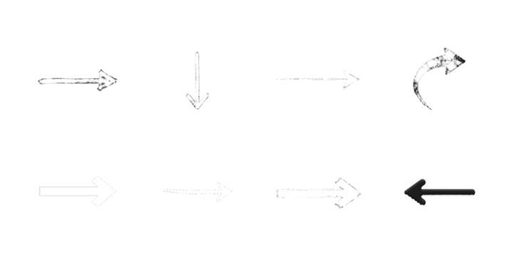 Assortment of eight arrow symbols on a white background isolated on a transparent background