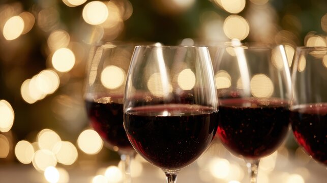 celebratory wine glasses raised for toast, warm Christmas bokeh garlands in background, joyful holiday mood