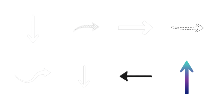 Collection of eight diverse arrow icons on white background isolated on a transparent background