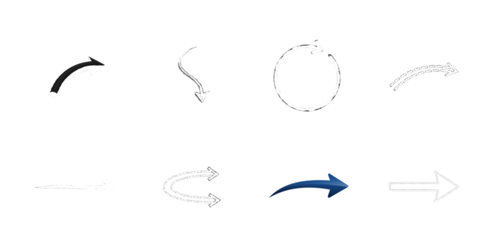 Collection of eight arrow and circular arrow icons on white isolated on a transparent background - Powered by Adobe