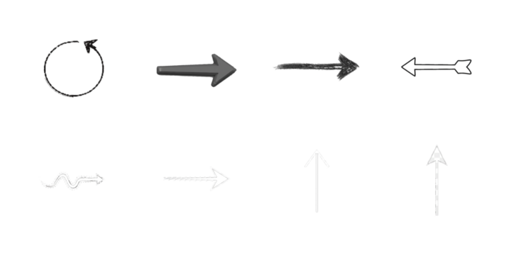 Collection of eight diverse arrow icons on white background isolated on a transparent background