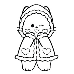 Cat in Winter Coat Line Art Illustration
