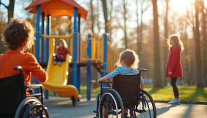 Children of all abilities play together on a sunny playground. Kids in wheelchairs and walking use slides and park structures. Diversion for kids with special needs.
