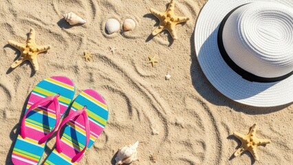 Brightly colored flip flops and white sun hat scattered on sandy beach with starfish and shells