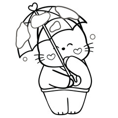 Cat with Umbrella Line Art Illustration