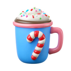 A colorful mug filled with whipped cream, sprinkles, and a festive candy cane, perfect for holiday celebrations.
