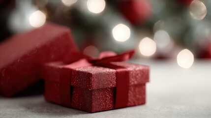 red gift boxes under Christmas tree, close-up, holiday decorations in background, cheerful festive mood