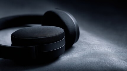modern black wireless headphones with large soft cushions and buffer loudspeaker column, clean tech look