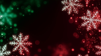 Snowflakes glimmer in shades of red and green against a dark backdrop, creating enchanting holiday atmosphere. Concept of Christmas decorations, winter celebrations, seasonal marketing