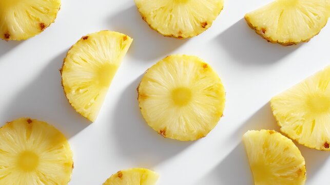 pineapple halves and slices arranged on white background, tropical fruit, bright and fresh look - Powered by Adobe