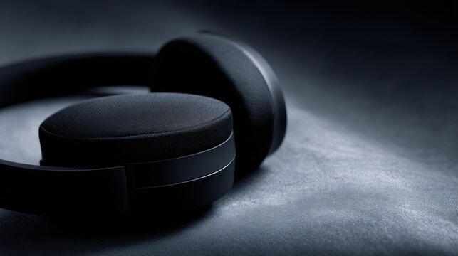 modern black wireless headphones with large soft cushions and buffer loudspeaker column, clean tech look